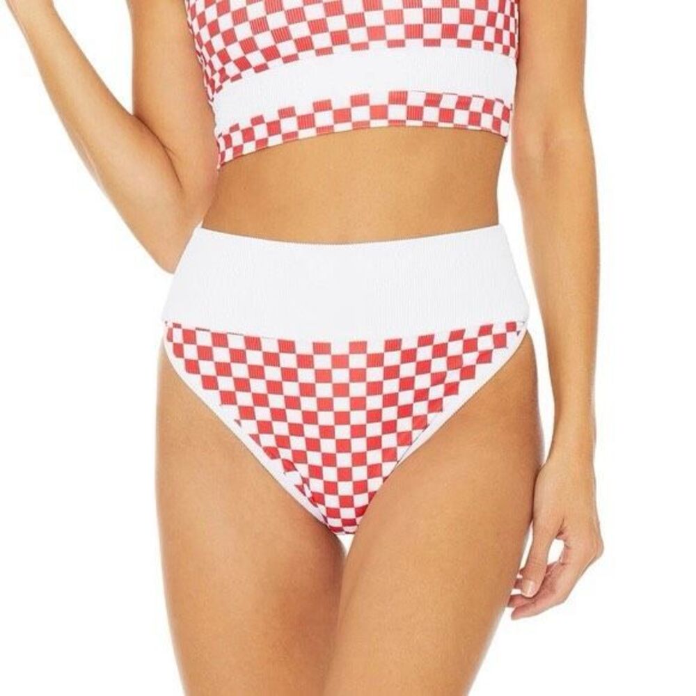 Beach Riot Women's Emmy Bikini Bottoms red checkered small Dance Floor Check
